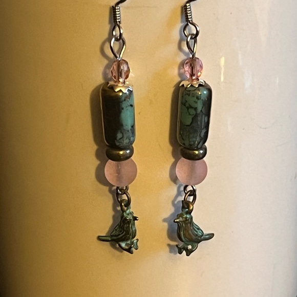 Patina bird Czech glass pyrite earrings handcrafted - Picture 5 of 5